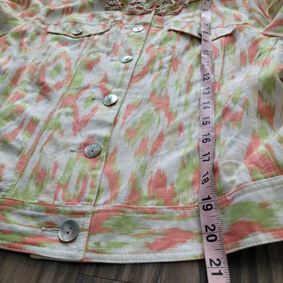 Ruby Rd. Women's Button-Up Top 14P White and Pink Linen Long Sleeves Ruffle Neck - Picture 7 of 8
